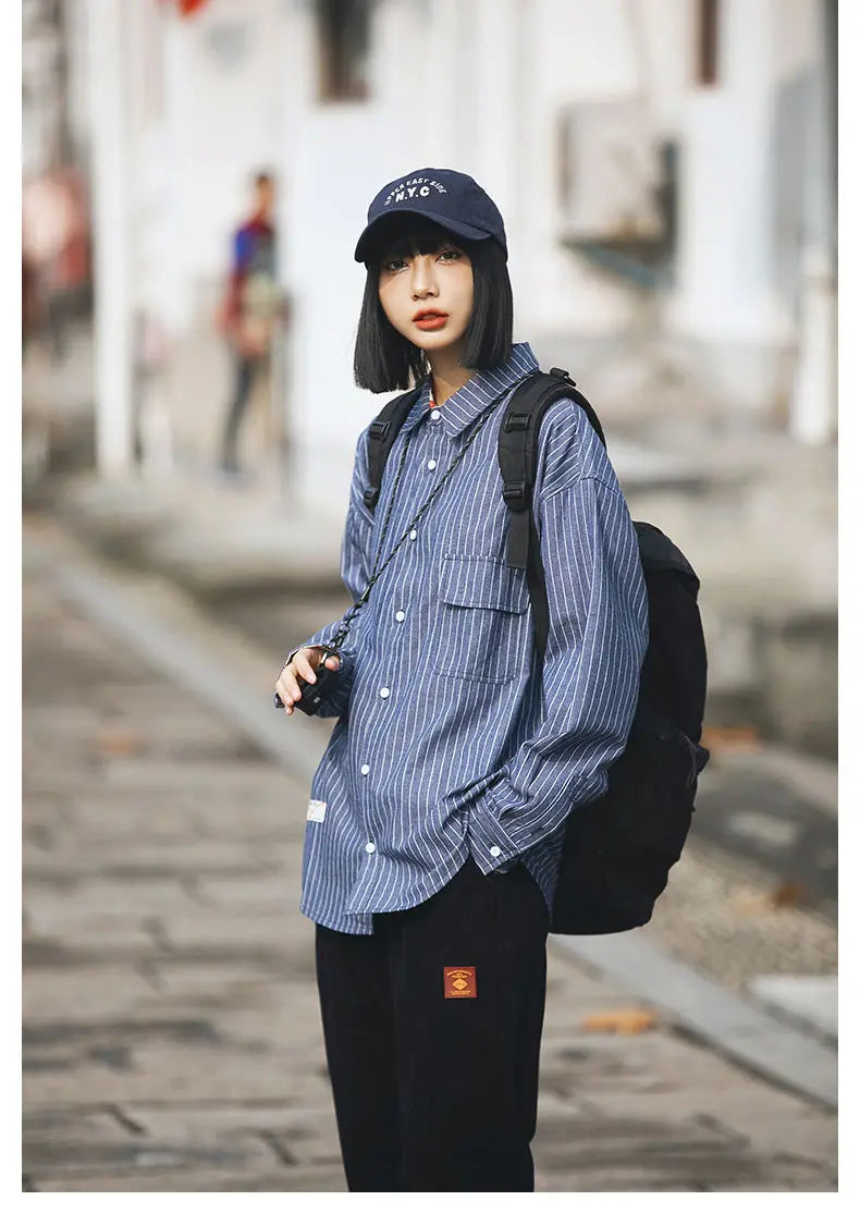 Retro Striped Workwear Shirt Women