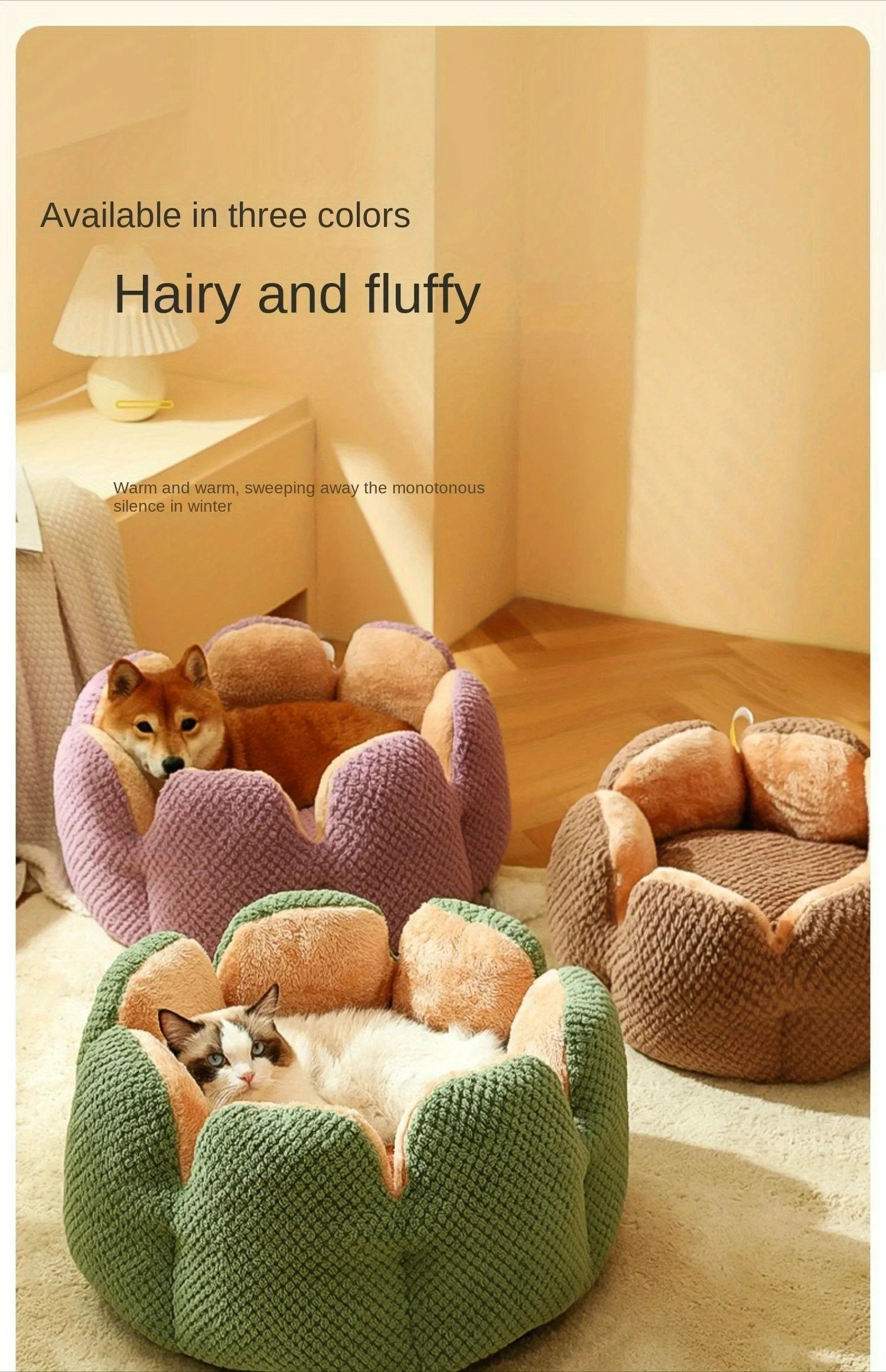Petal Shaped Pet Bed, Plush Round Dog & Cat Cushion Mat with Knitted Texture, Ultra Soft Warm Nest for Kittens Puppies in Winter