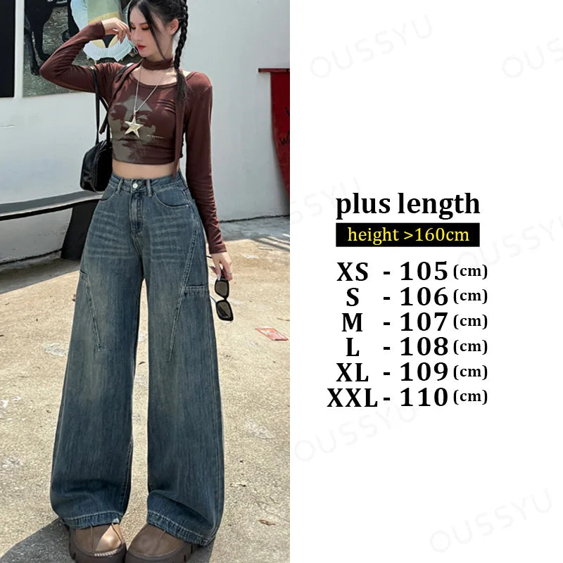 High Waisted Wide Leg Jeans Women Cotton Retro Denim Y2k Loose Fashion Design Sense Pant Streetwear Baggy Straight Trouser Woman