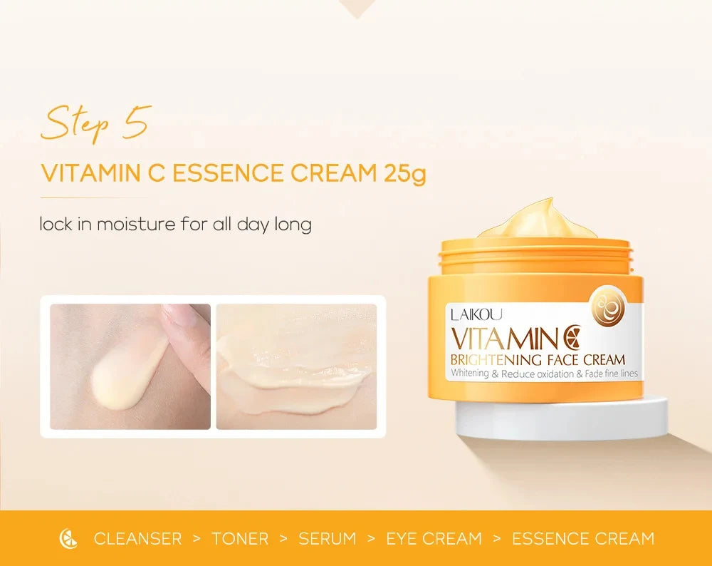 Vitamin C Skincare Set 5pcs(Cleanser-Toner-Serum-Eye Serum-Face Cream) + Natural Antioxidant Ingredients, Nourish Even Skin Tone