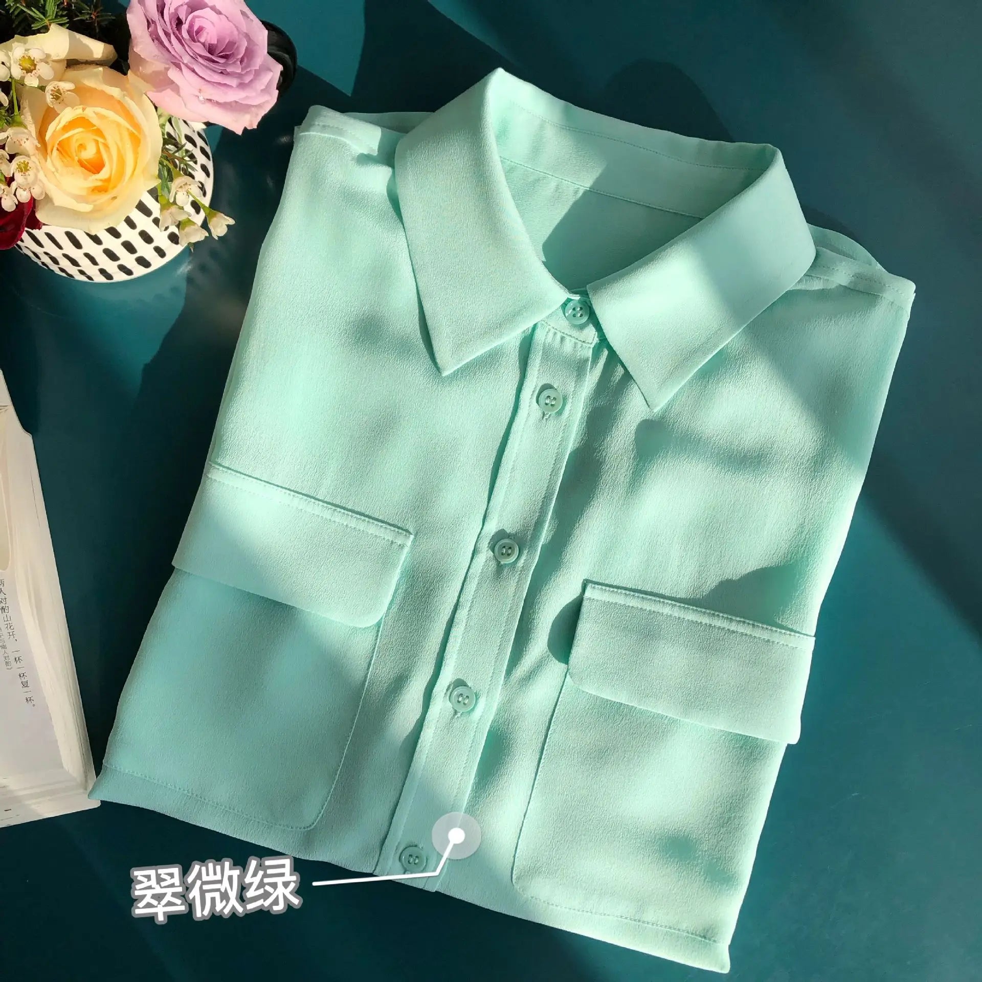 Women Real Silk Shirts Classic Double Pockets Solid Color Casual Fashion Long Sleeve Thin Shirt Blouses Tees