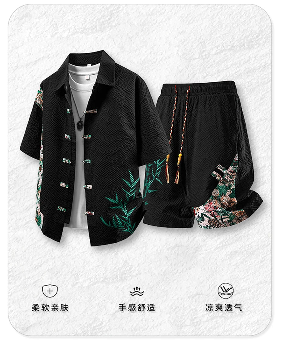 Summer Tracksuits Men Traditional Chinese Style Suit Shirt Shorts Tang Suit Male Fashion Casual Summer Sets