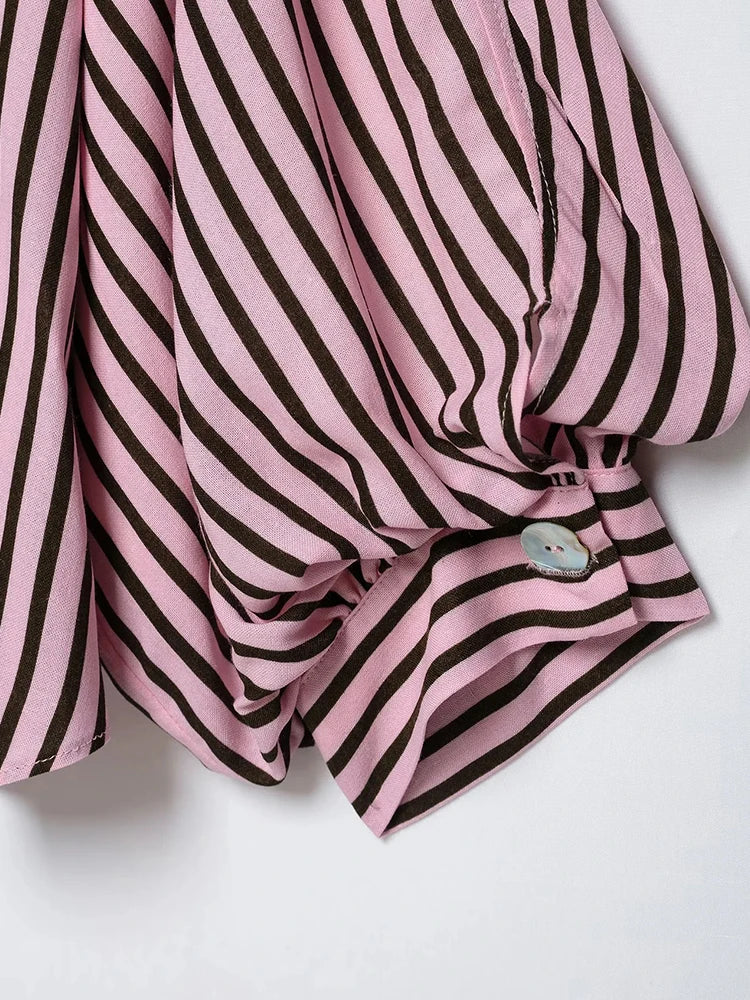 Women Striped Shirts For Women Vintage Elegant Puff Sleeve Summer New High Street Clothes Leisure Single-breasted Lapel Blouse