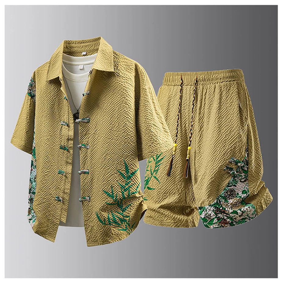 Summer Tracksuits Men Traditional Chinese Style Suit Shirt Shorts Tang Suit Male Fashion Casual Summer Sets