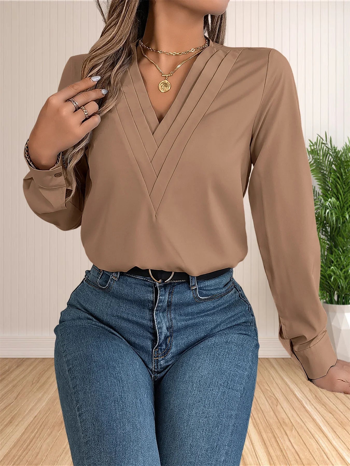 Elegant Layered V-Neck Work Blouse