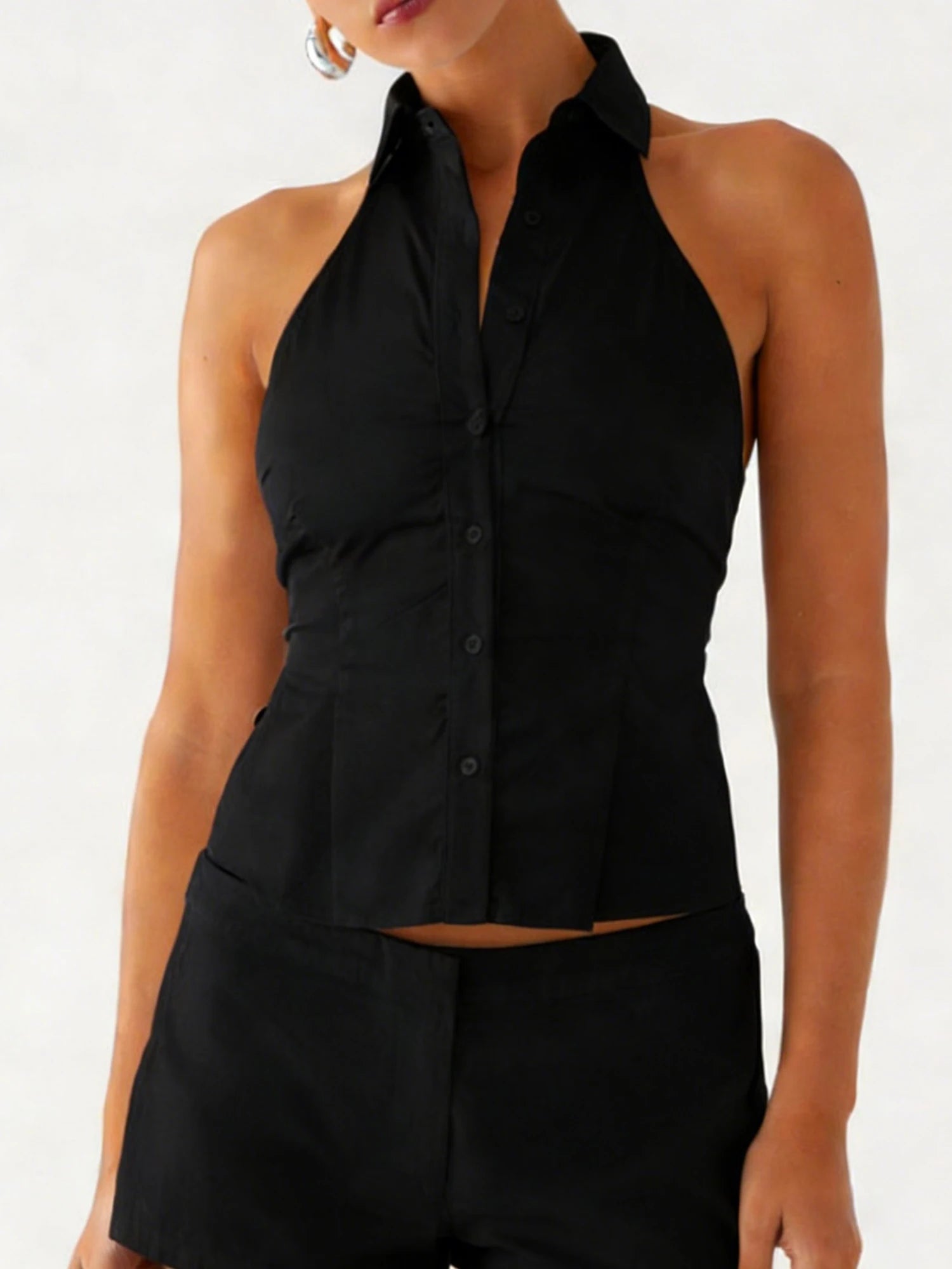 Women Button up Halter Tops Summer Trendy Lapel Tie up Backless Shirts for Streetwear Aesthetic Grunge Clothes