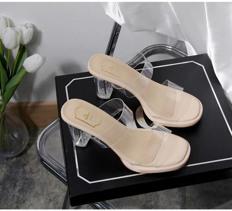 Women's High Heels, 2024 Summer New Waterproof Table with A Line Not Tired Feet Thick Crystal Slippers, Women's Shoes