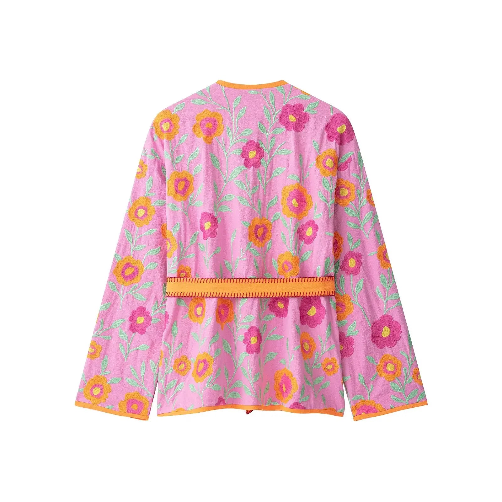 Women's Flowers Embroidered Coats Autumn New V-neck Long Sleeve With Belt Jackets Fashion Casual Female Chic Outerwear