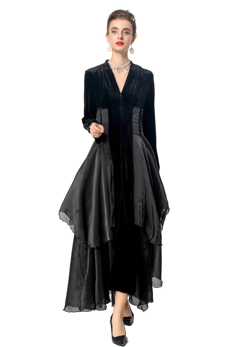 Velvet Ruffle V-Neck Evening Dress
