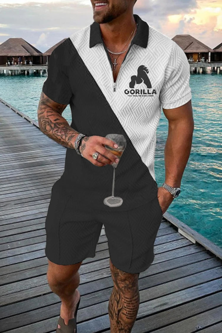 Summer Men's Tracksuit Short Sleeve Polo Shirt Set Fashion Luxury Chain Print Clothing 2 Pieces Casual Suit Streetwear Outfit