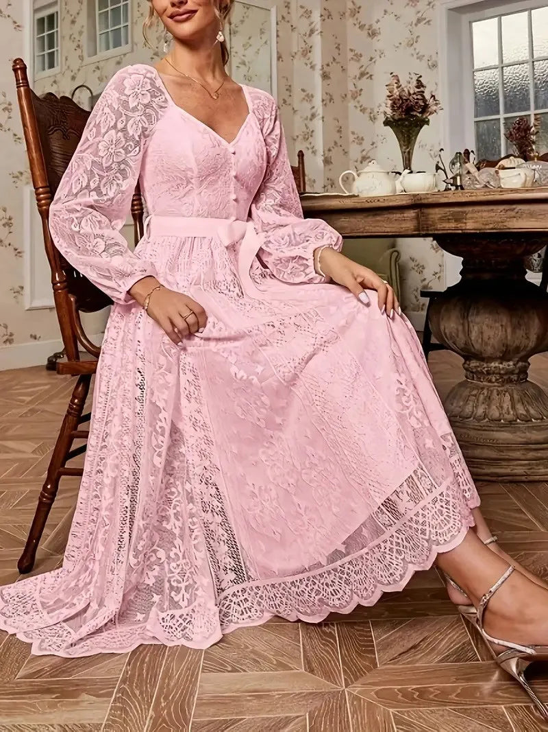Elegant Party Dress For Woman Evening Prom Dresses Lace Long Gown V Neck Maxi Dress White Pink Floral Lace A Line Balloon Sleeve