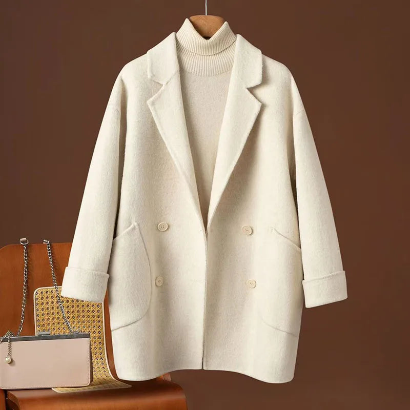 Women Double-sided Wool Coats Autumn Winter Korean Loose All-match Woolen Jacket Female Simple Solid Suit Collar Wool Jacket