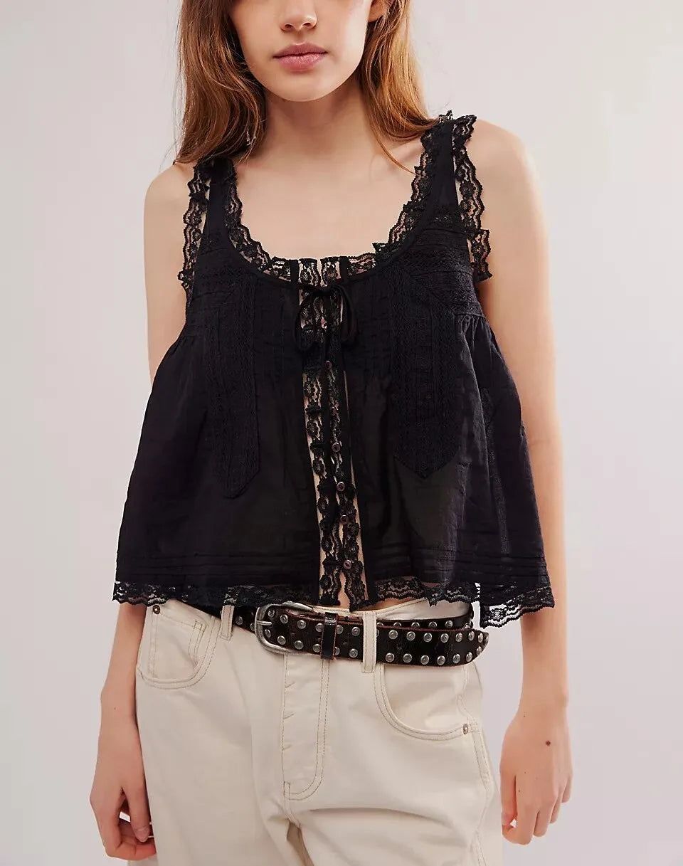 Sleeveless Tank Tops for Women Blouses Summer Boho Beach Wear 100%Cotton Splicing Lace Shirts Loose Casual Ladies Blusas Camis