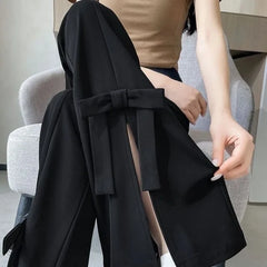 Women's Wide-Leg Pants High-Waisted with Bow Tie Detail Side Slits