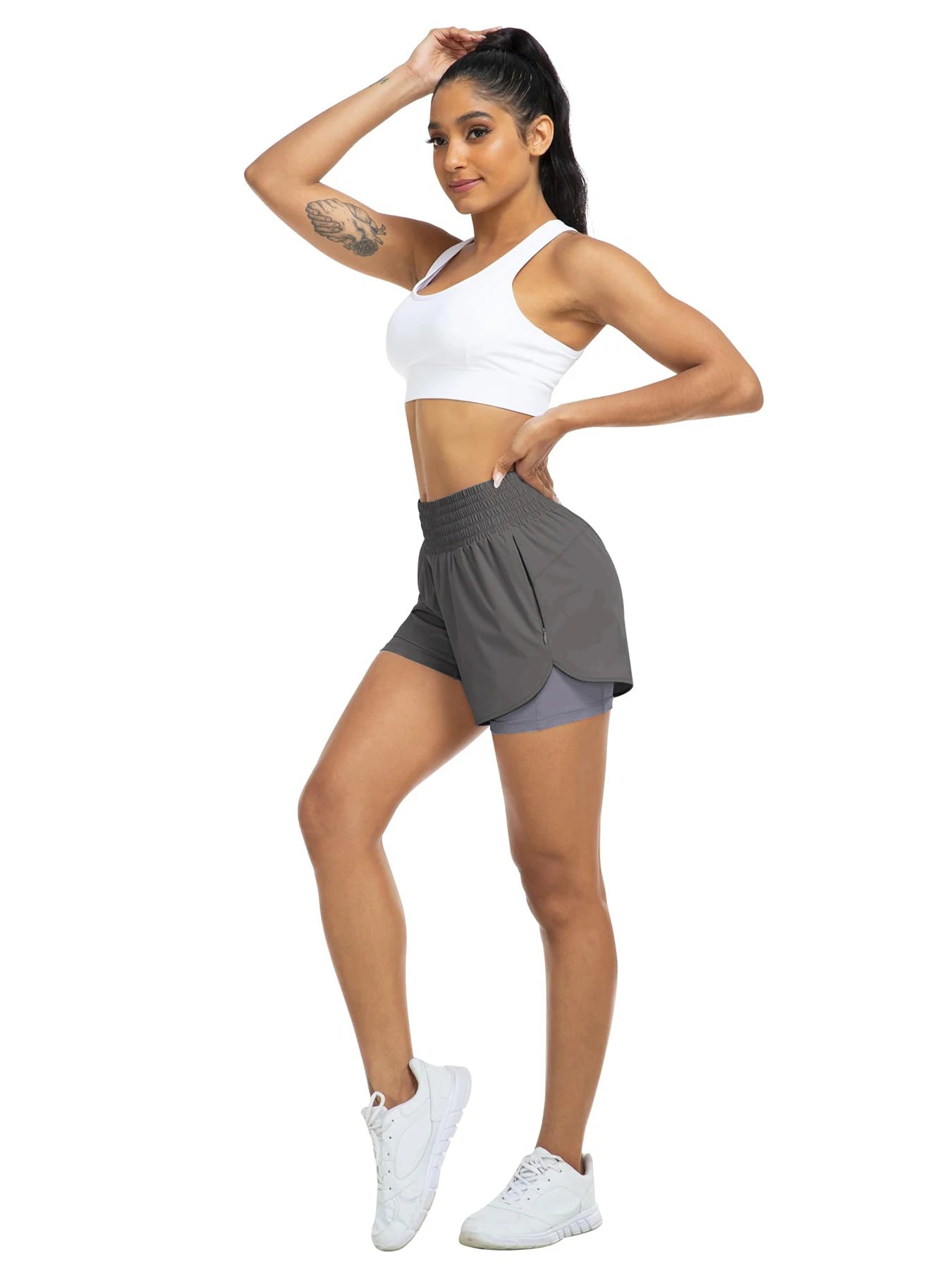 Women's high-waisted athletic shorts for running, yoga, layered design, anti-exposure, fitness, and workout with pockets