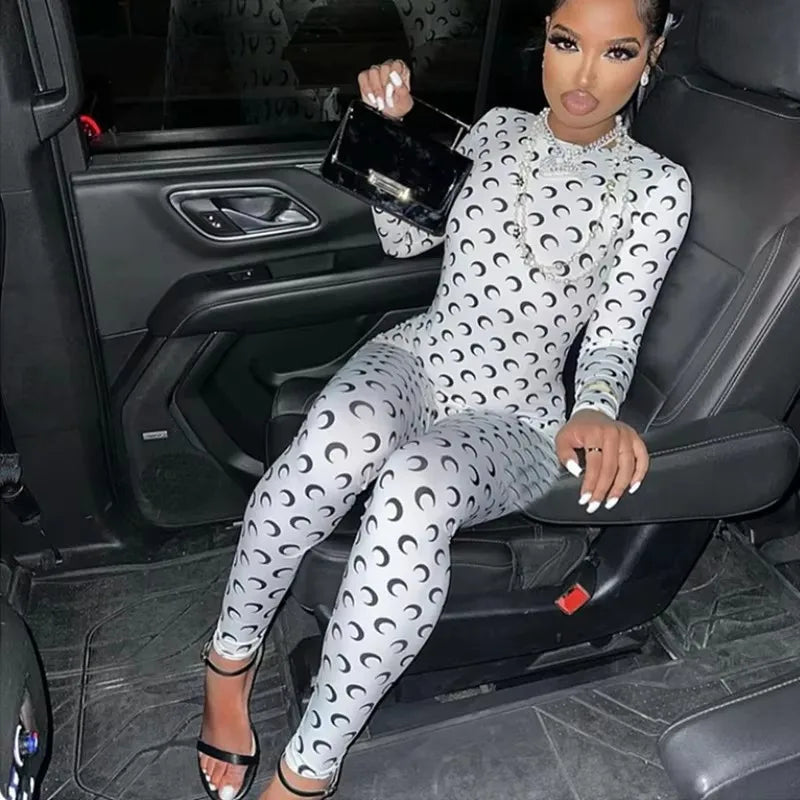 Women Jumpsuit Y2K Streetwear Moon Print Jumpsuit Elastic Long Sleeve Round Neck Autumn Sexy Fashion Bodysuit