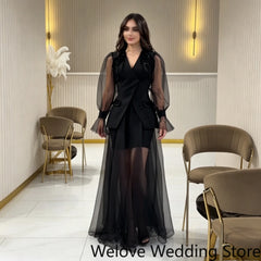 Black Evening Dress For Women V‑Neck Tulle Puff Long Sleeve Shoulder Beaded Embellishment Short Inner Dress Flowy Long Sheer