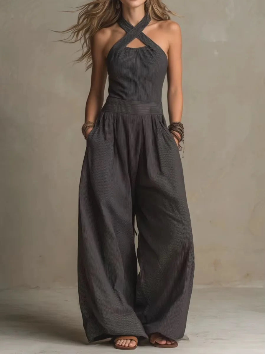 2026 Summer Jumpsuit Solid Color Hanging Neck Elegant Casual Versatile Simple Fashion Comfortable Daily Style Wide Leg Jumpsuit