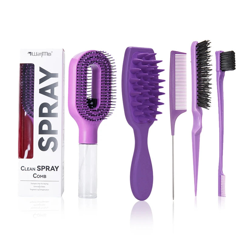 5Pcs Hair Care Styling Kit All-in-One with Spray Comb, Scalp Massage Brush, Rat Tail Comb & Edge Brushes for Home Salon Use