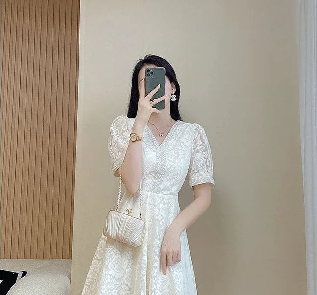 Elegant White Lace Puff Dress