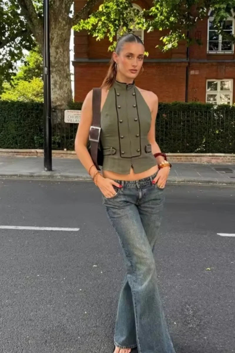 Women's Top 2026 Summer Elegant Fashion Silky Vacation Halter Neck Backless Sexy Unique Army Green Beach Style Party Women's Top
