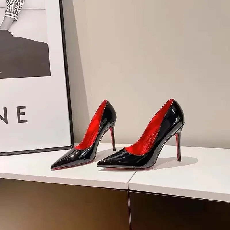 High Heels Women's Slim Heels New Stunning and Sexy Wedding Shoes Black Patent Pointed Single Shoes High Heels Туфли Женские