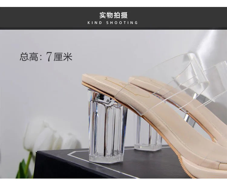 Women's High Heels, 2024 Summer New Waterproof Table with A Line Not Tired Feet Thick Crystal Slippers, Women's Shoes