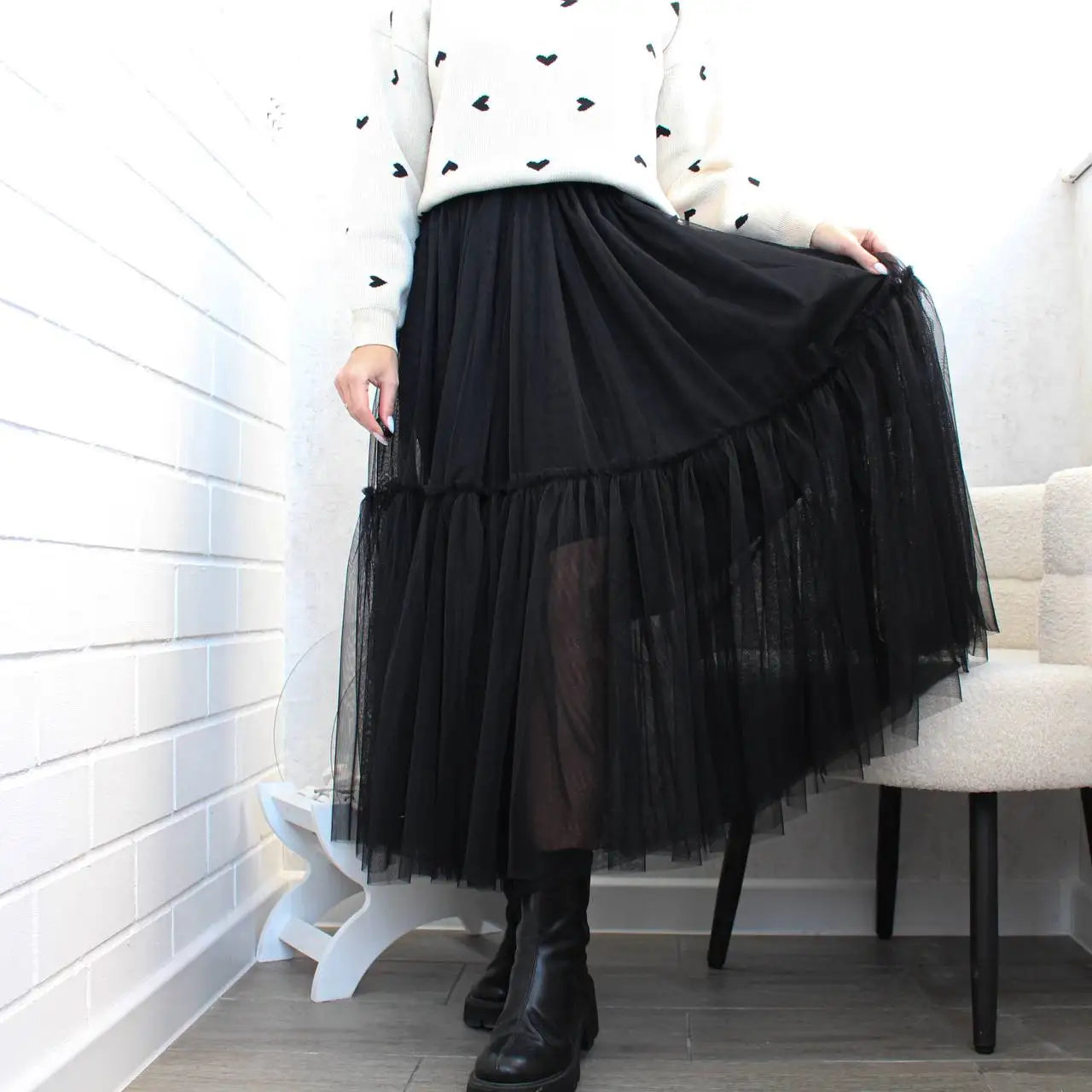 Pleated Lace Cake Midi Skirt