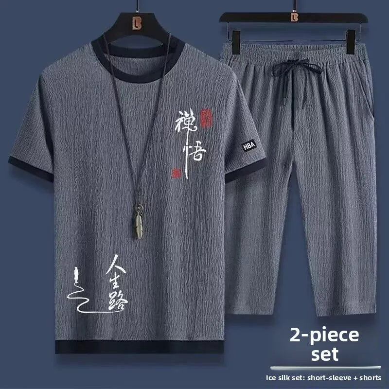 Casual Ice Silk Sports Suit Men's Summer Thin Short Sleeve Shorts Trendy Clothes Handsome Match One Set of Youth Clothing