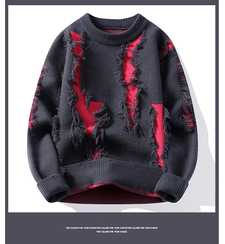 2026 Winter Fashion worn‑out design Sweater Men Casual Knit Pullovers Mens Thick Warm Loose Knitted Sweaters Streetwear Man