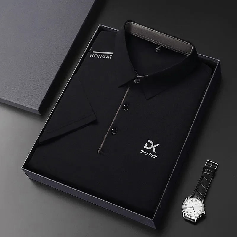 Men's Business Casual Short Sleeve Polo Shirt Solid Color with Badge Fashionable Breathable Comfortable Versatile Business Top