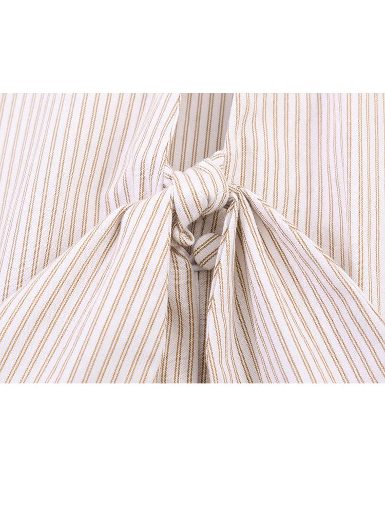 HH Women Elegant Striped Casual Spring Shirt Puff Sleeves Bow Decoration Blouse Female Loose Versatile Single-breasted Blouse