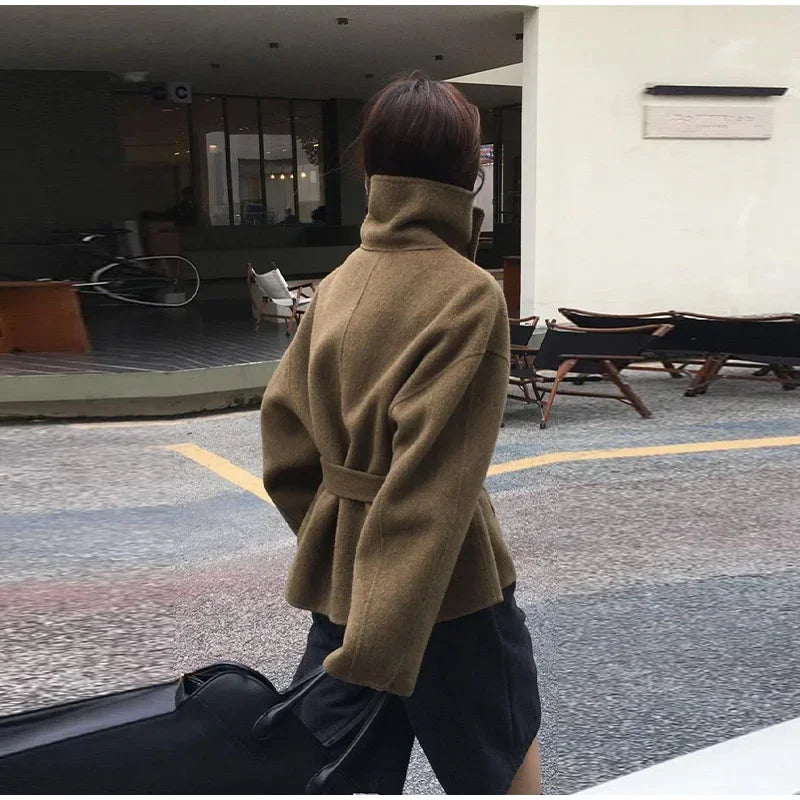 2025 Autumn Woolen Coats Women Casual Double Breasted Stand Collar Female Office Short Jackets Chic Lady Loose Street Outwear