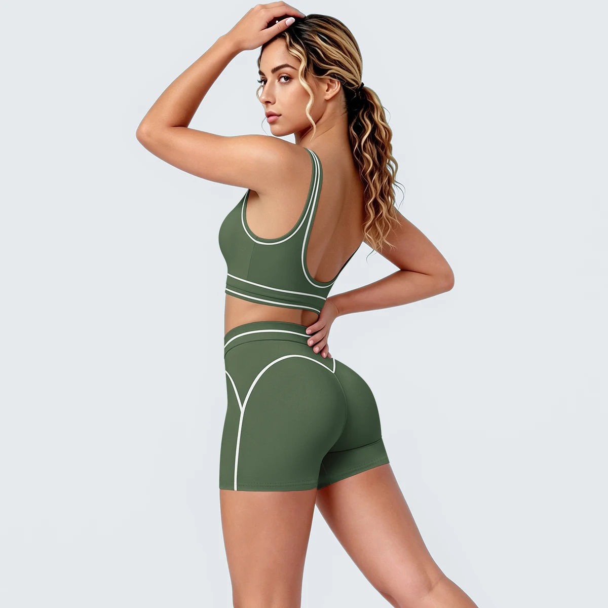 New Woman Yoga Set Color Blocking Sexy Sport Bra Yoga Underwear with Chest Pad High Waist Stripe Running Fitness Shorts Yoga Set