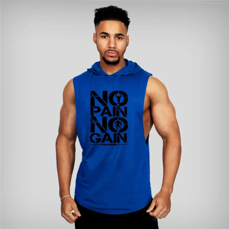 Men’s Fitness Workout Sportswear Tops Bodybuilding Hooded Tank Top Cotton Printed Sleeveless T-shirts Casual Hip Hop Undershirt