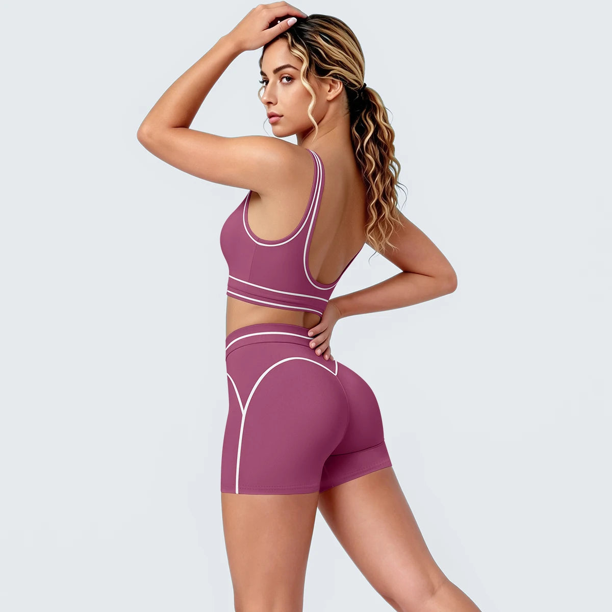 New Woman Yoga Set Color Blocking Sexy Sport Bra Yoga Underwear with Chest Pad High Waist Stripe Running Fitness Shorts Yoga Set
