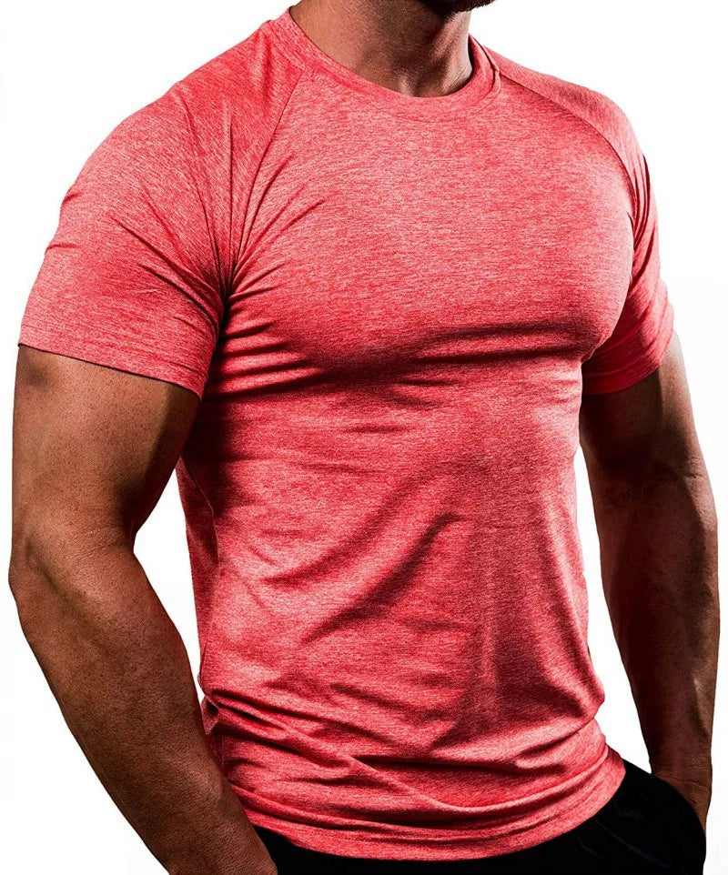 Summer Gym T-shirts Men's Solid Fitness Clothing O-neck Short Sleeve Tops Breathable Slim Bodybuilding Workout Muscle Tees Male