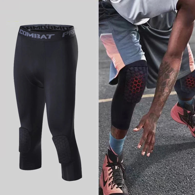 Men's Sports 3/4 Cropped Pants Padded Running Leggings Mens Joggers Elastic Compressions Sweatpant Football Basketball Trousers