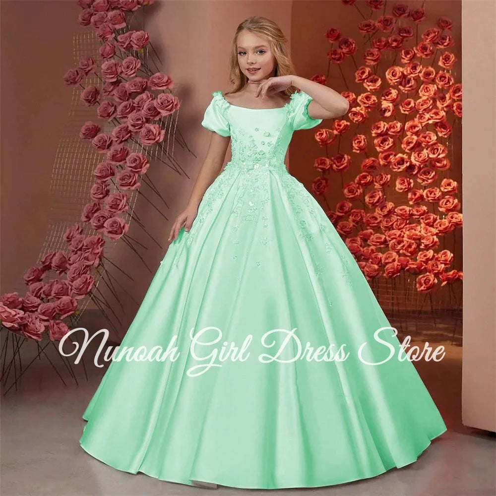 Elegant Flower Girl Dresses for Wedding Satin Beaded Floral Floor Length Girl Kids Birthday Party First Holy Communion Gown