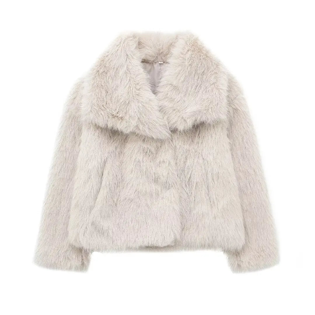 HH 2024 Women 's Vintage Soild Faux Fur Coat Turn-down Collar Long Sleeve Warm Plush Wool Coats Lady Winter Autumn Outwear