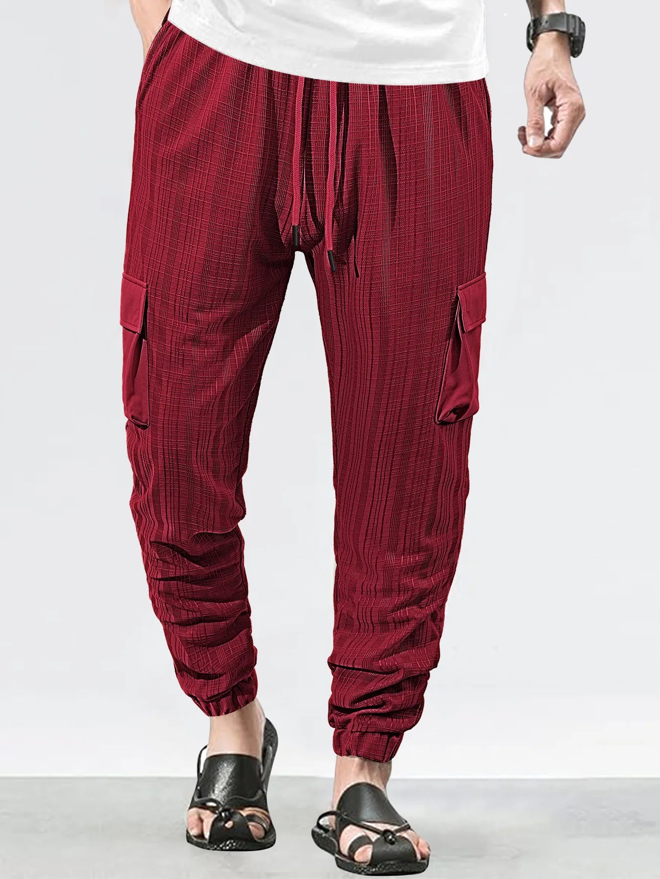 Men's Grid Cargo Joggers Drawstring Elastic Waist Multi Pocket Casual Ankle Length Trousers