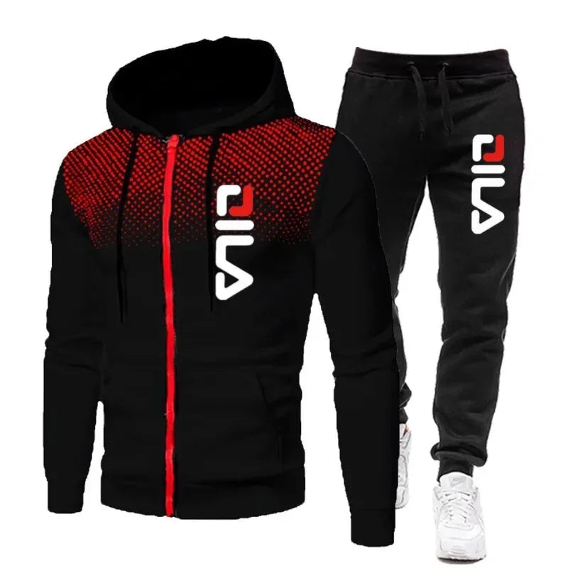 Mens Tracksuits+Sweatpants Two Pieces Suits 2025 Winter Print Zipper Hooded Sweatshirt Casual Fitness Jogging Sports Pants Sets