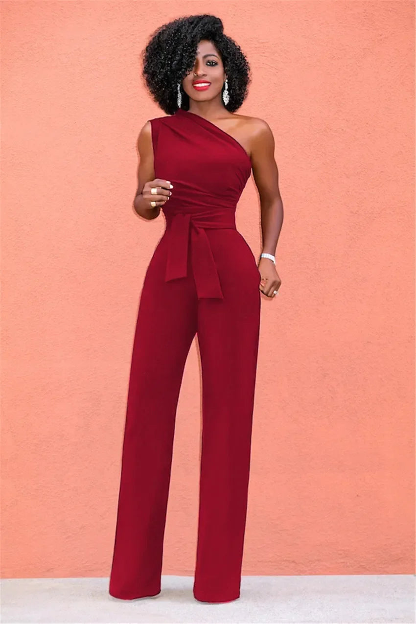 Elegant Skew Collar Belted Jumpsuit