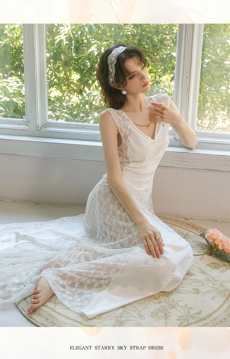 Women's Nightgown Luxury V Neck Sleeveless Night Dress Fashion Slim White Princess Long Dress Summer Ladies Sleepwear Vestido