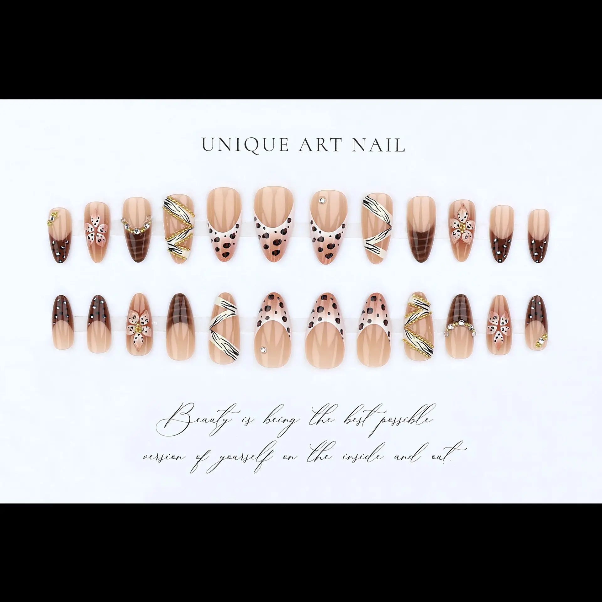 Medium fake nails for women Gradient nude brown blue flowers or rhinestones fall winter almond tips press on false nail art set