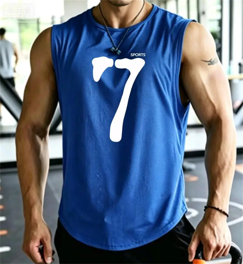 SPORTS 7 New Men Tank Tops Sleeveless Shirt Polyester Mesh Material Quick Dry Breathable Men Workout Fitness Basketball Top Tee