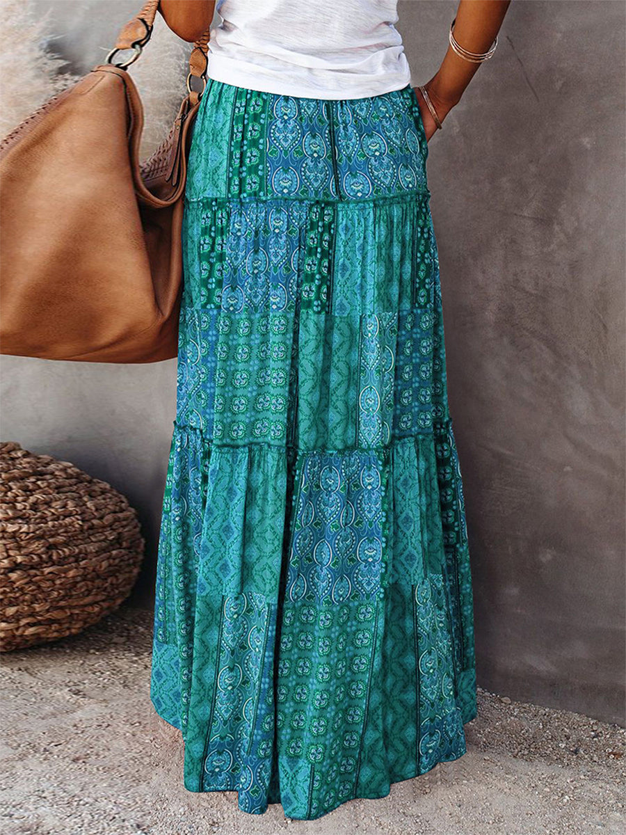 Women's Bohemian Skirts Vintage Elastic High Waist A-Line Skirts Tiered Long Skirts with Pockets