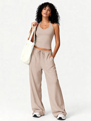 Women 2 Piece Yoga Outfit Ribbed Halter Crop Tank Top Drawstring Wide Leg Pants Set Casual Workout Gym Loungewear Tracksuit