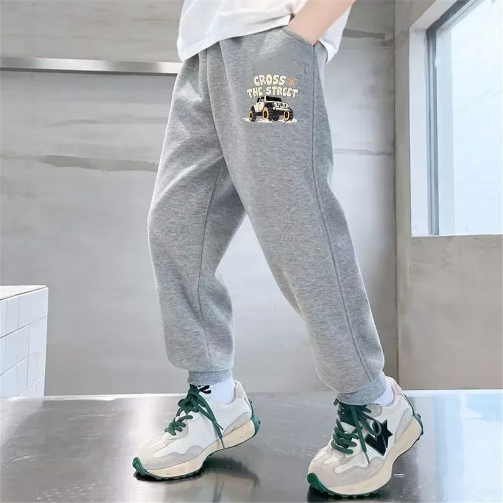 Boys' Off-Road Truck Print Joggers – Casual Sweatpants for Spring, Autumn, and Winter