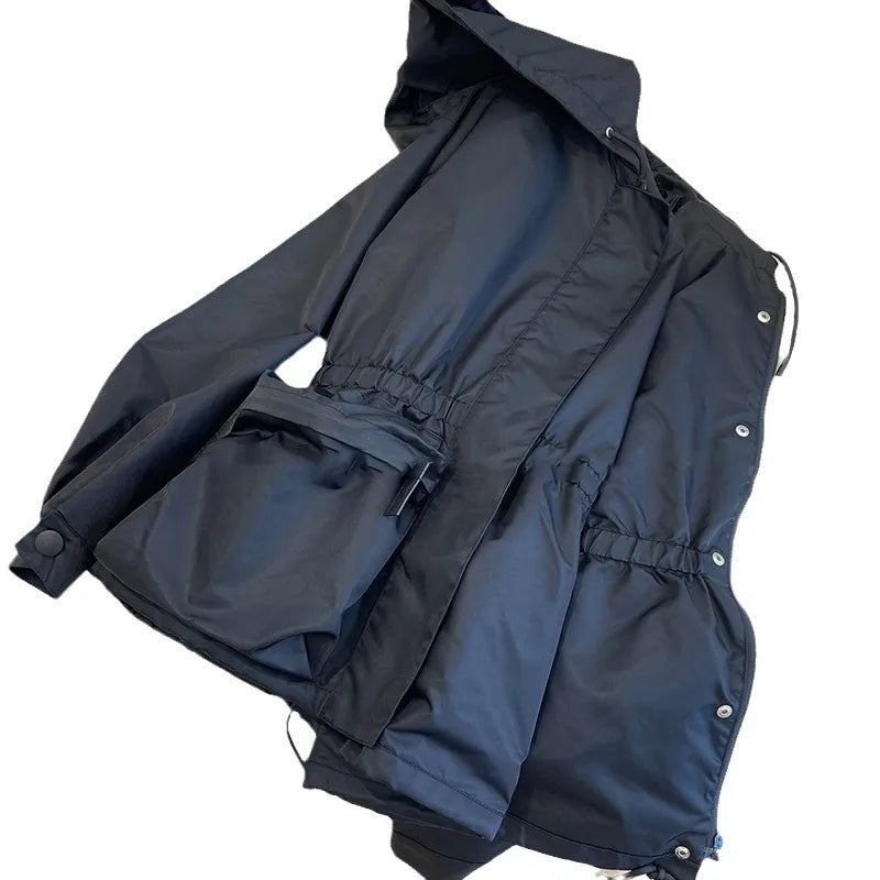 Black jacket for women 2025 autumn new hooded drawstring high-end thin jacket top